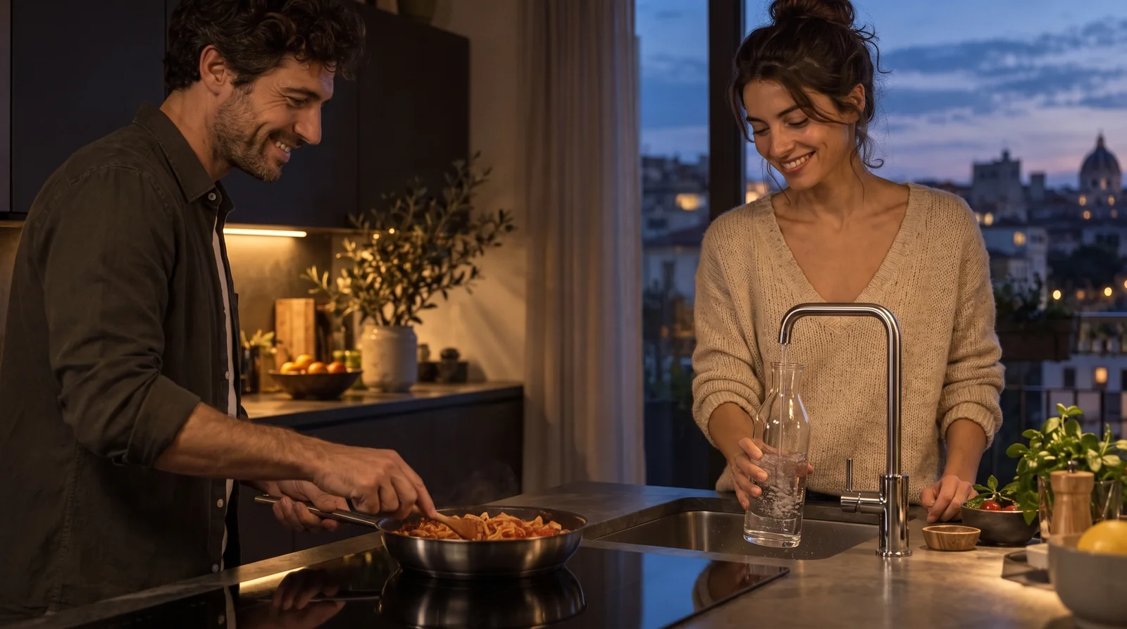 Scena illustrativa di acqua frizzante versata a cena