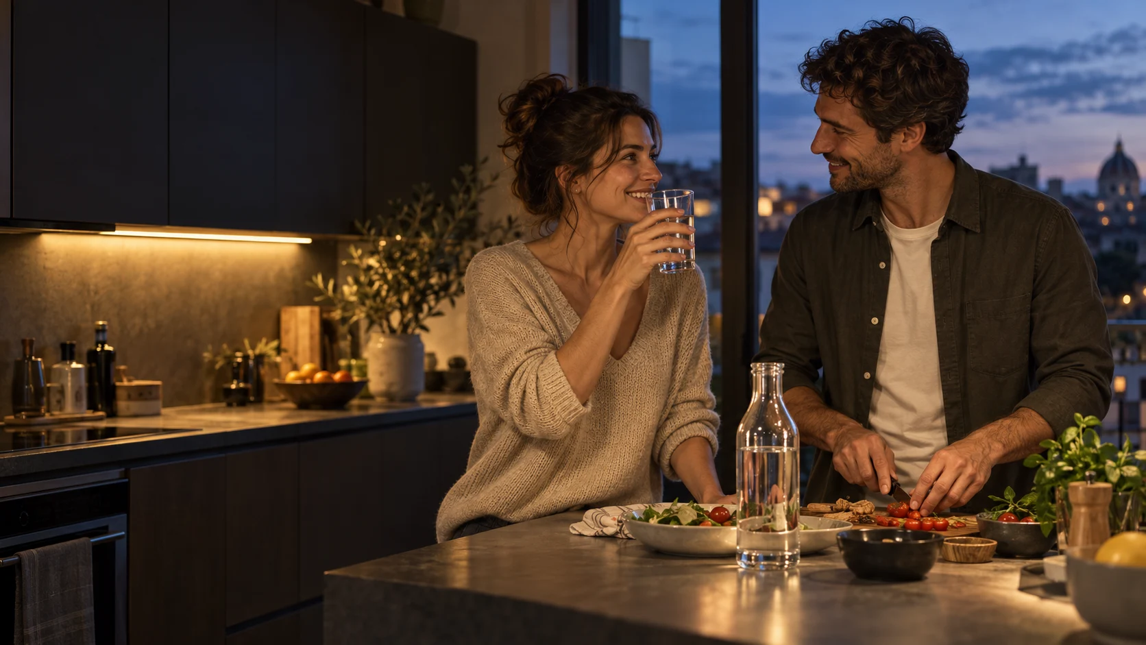 Scena illustrativa di una coppia che prepara la cena nella propria cucina