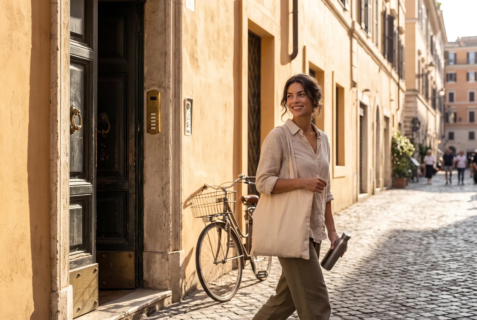 La donna esce di casa con una borsa di tela e la borraccia in mano
