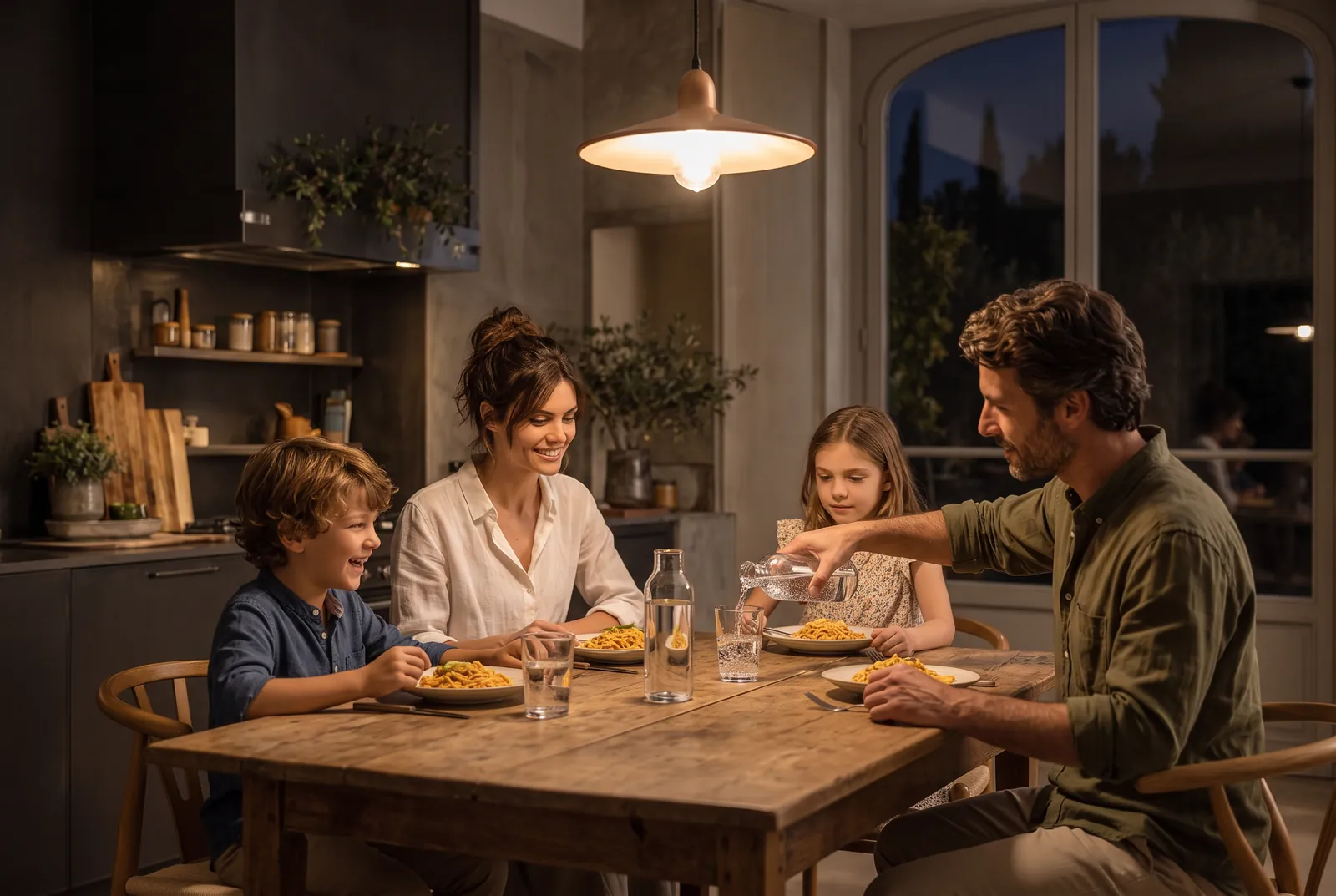 La famiglia a cena con due bottiglie in vetro, una naturale e una frizzante