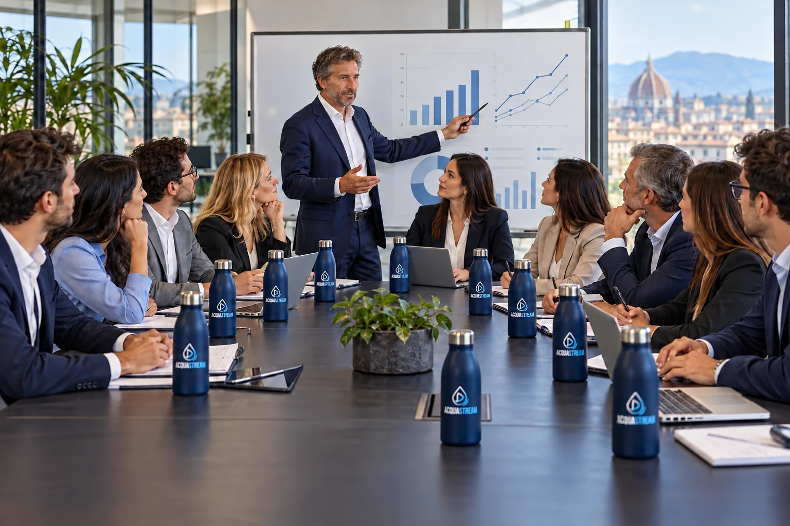 Scena illustrativa di dieci professionisti in riunione con borracce AcquaStream sul tavolo e un responsabile che presenta grafici finanziari