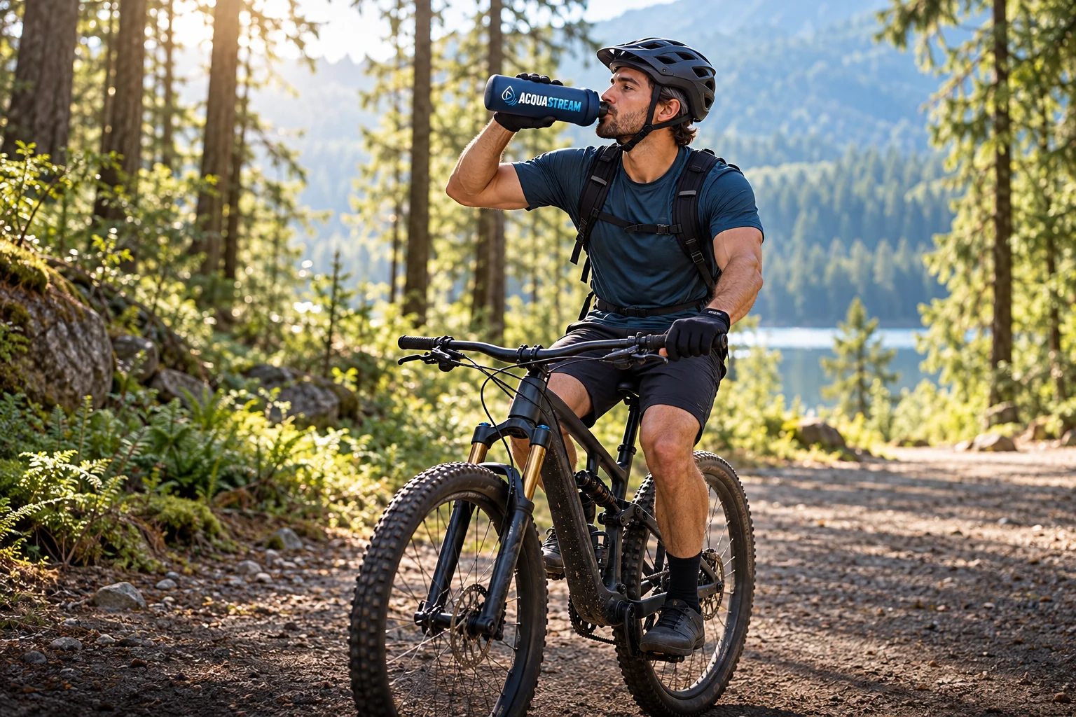 Scena illustrativa di un mountain biker con casco che beve dalla borraccia AcquaStream mentre pedala su un sentiero nel bosco