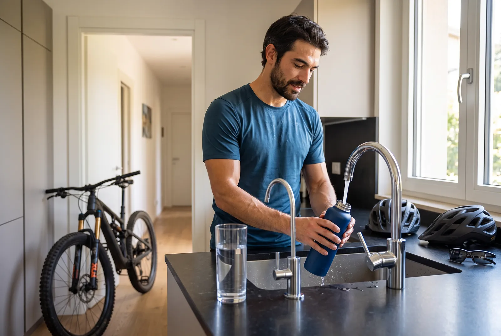 Rientrato a casa, il ciclista sciacqua la borraccia accanto al bicchiere d’acqua