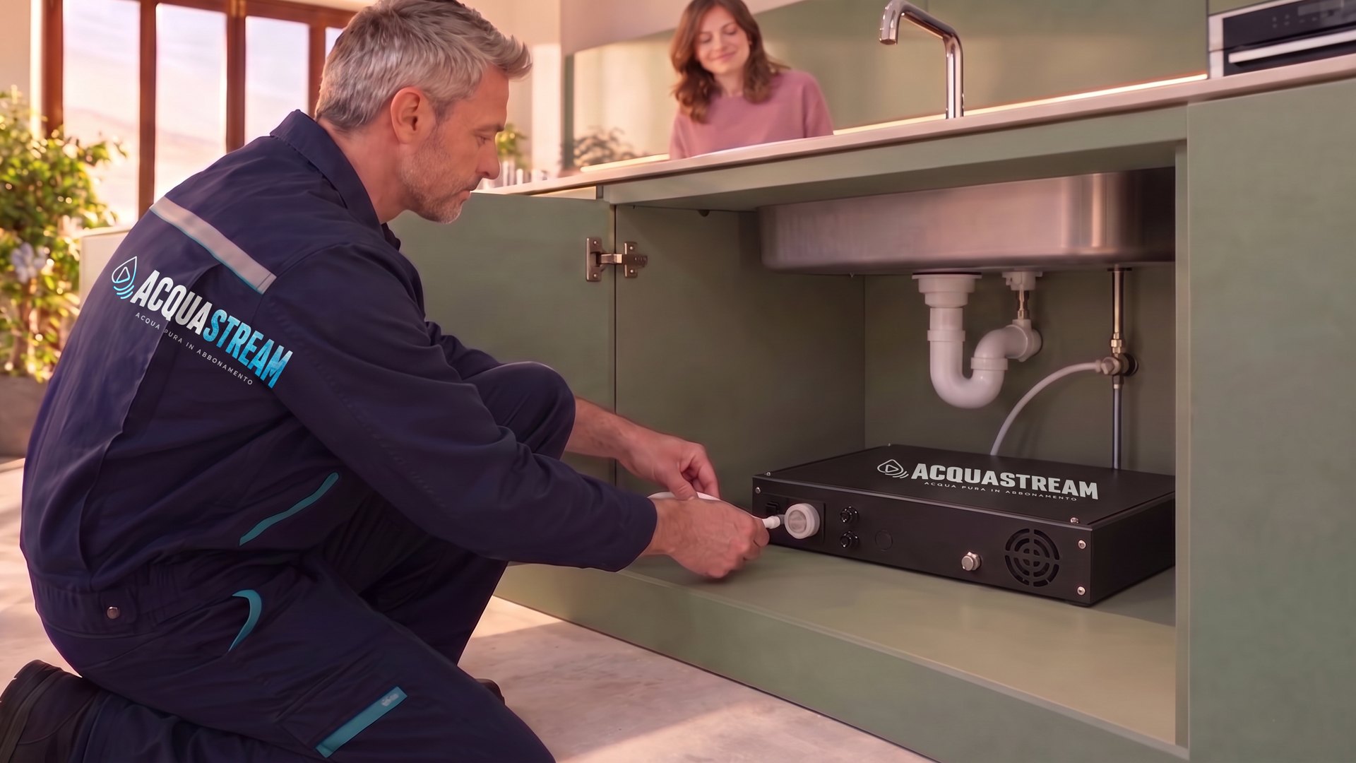Il tecnico AcquaStream collega il depuratore sotto il lavello