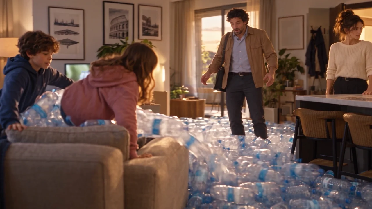 Una casa invasa da bottiglie di plastica