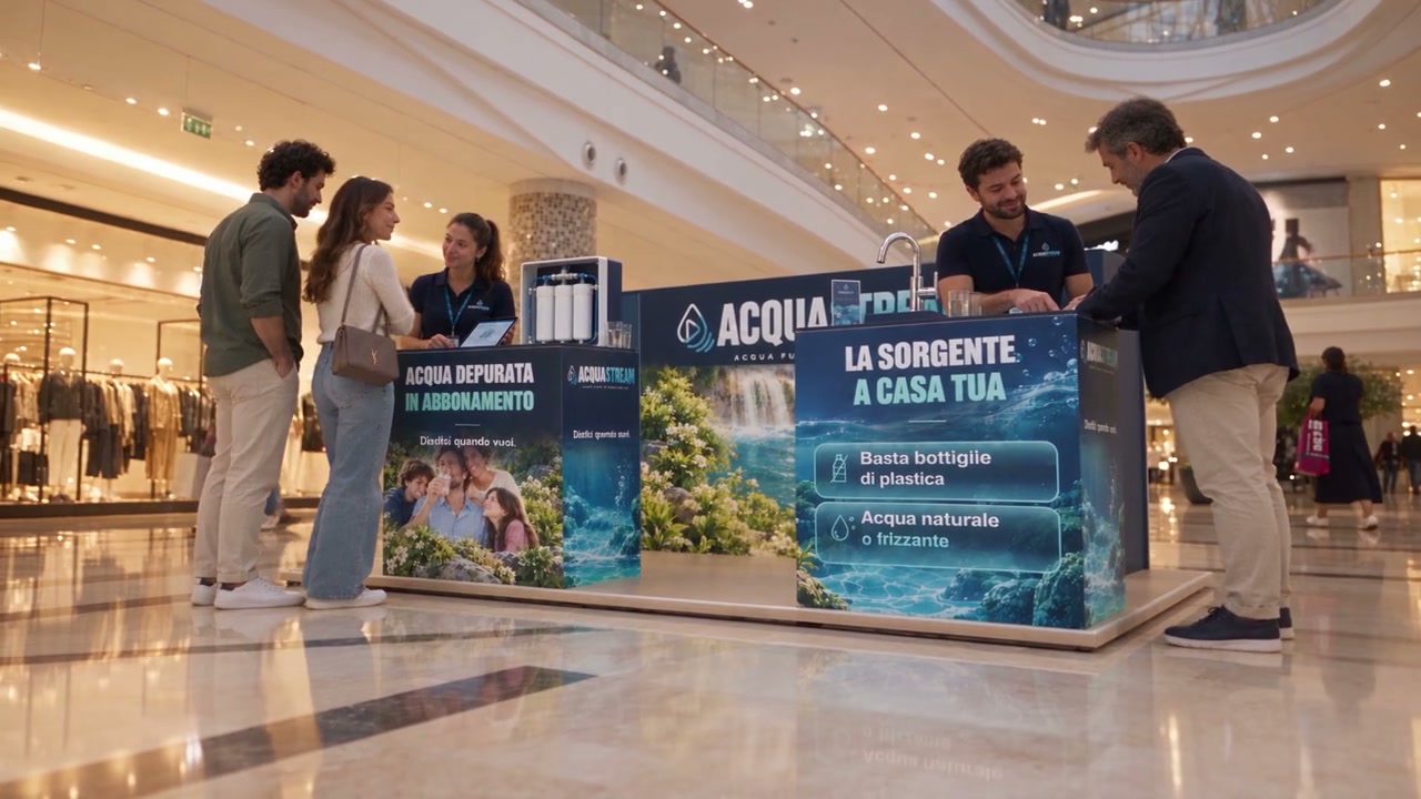 Lo stand AcquaStream in un centro commerciale, con i promoter che accolgono le persone